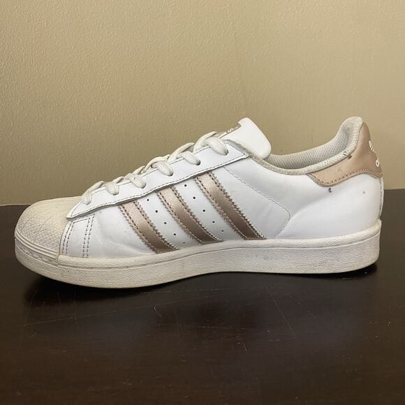 Adidas Superstar Women's White Copper Rose Gold Metallic Stripe Kicks - Picture 5 of 7